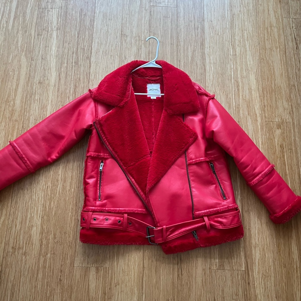 Monki Red Shearling Faux Fur Coat